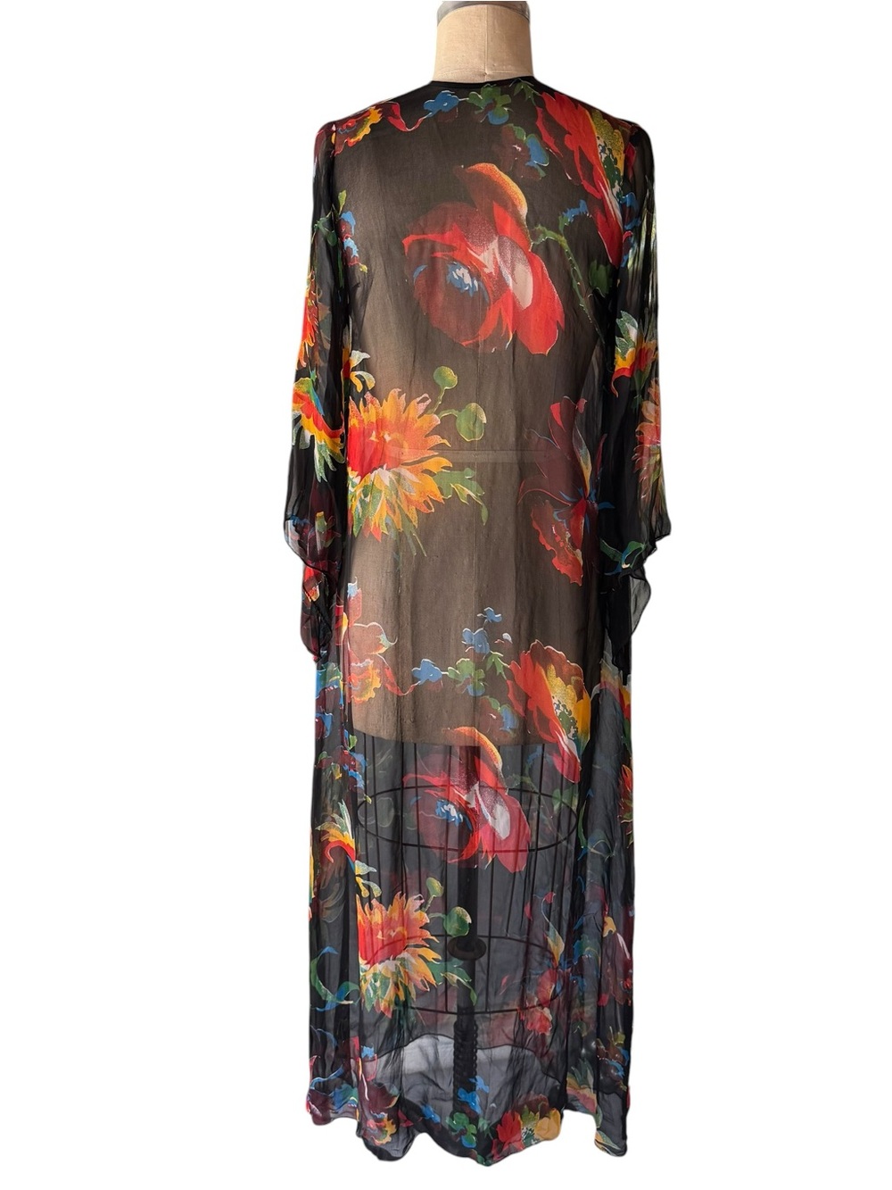 Vintage 70s Floral Patterned Sheer Chiffon Caftan Style Hostess Gown - Picture 6 of 8